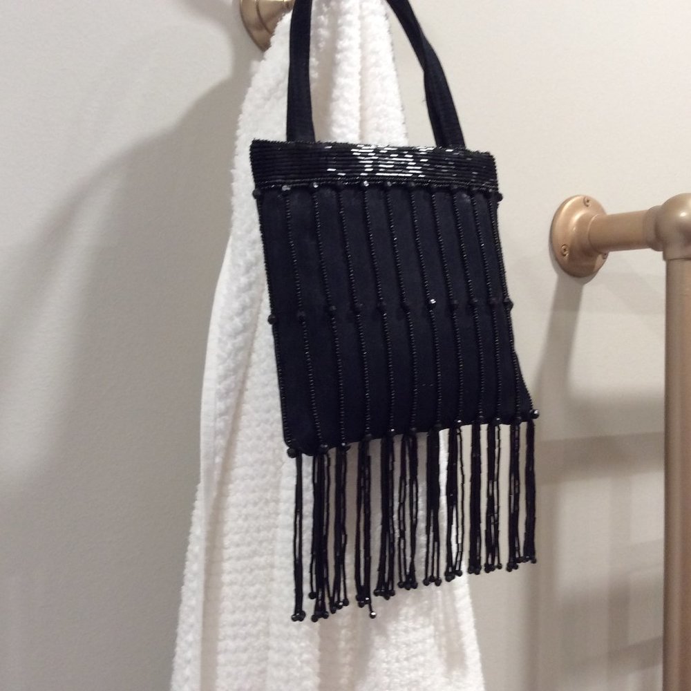 Vintage Black satin with black beads with fringe